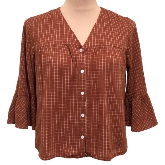 Madewell Tops - Madewell Veranda Bell Sleeve Windowpane Shirt Size Small Burnt Orange
